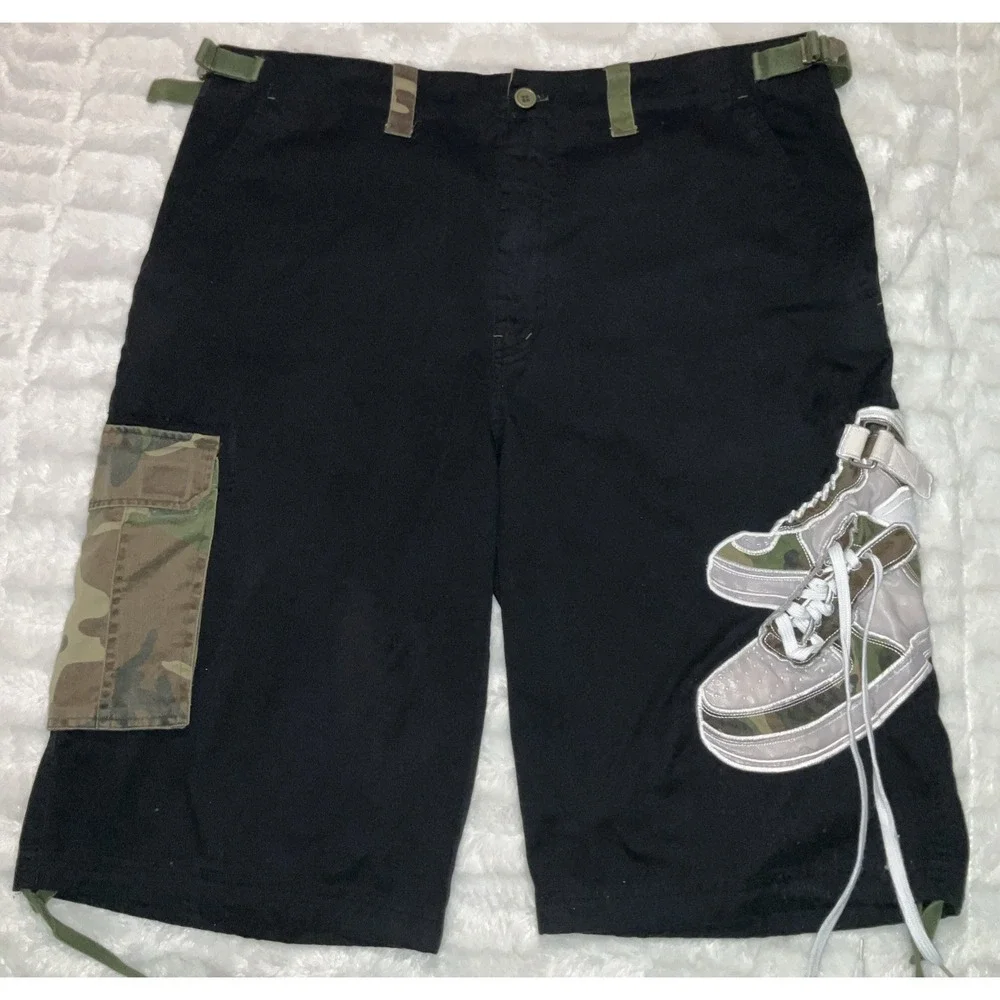 Raw Blue Cargo Shorts Mens Black Y2K Hip Hop Streetwear‎ Embroidered Size XL